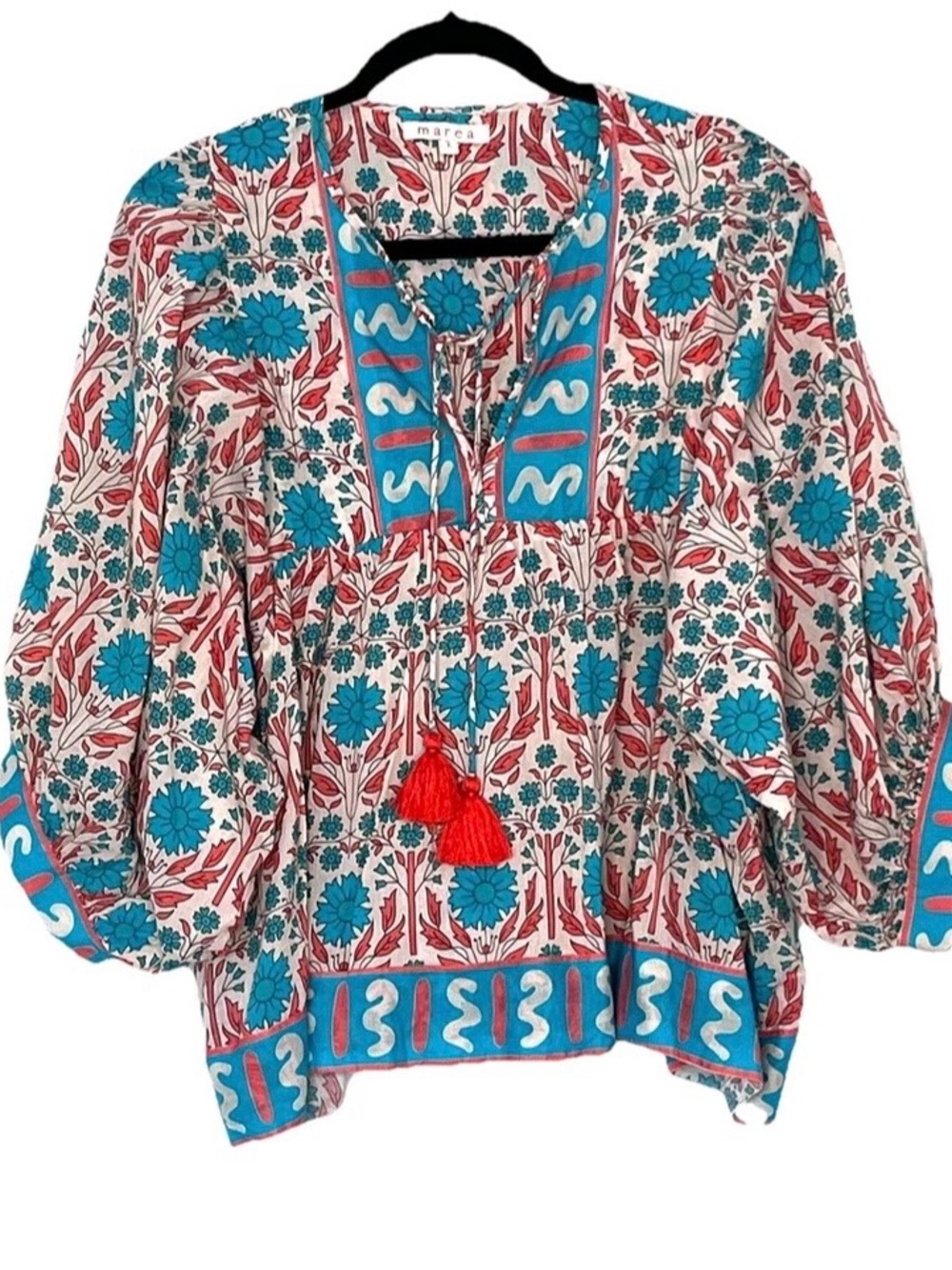 Marea Boho Floral Embroidered Peasant Top in Turquoise and Red size L Artsy top